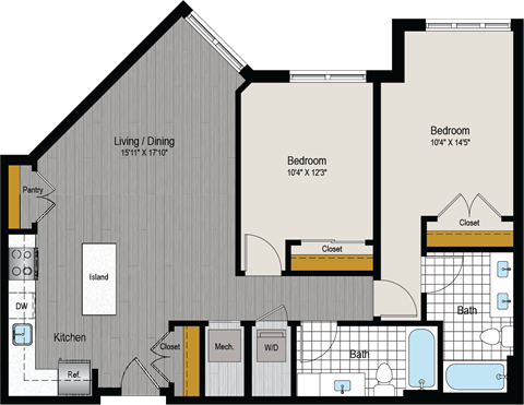 Floor plan for 2 beds, 2 baths, 983 sqft